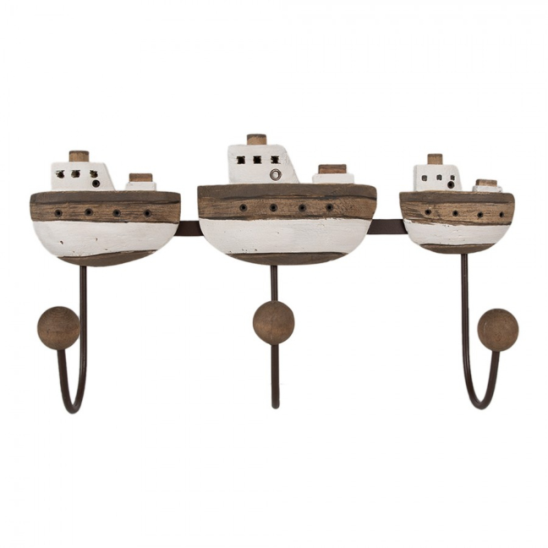 Doplňky a dekorace - Nástěnný dřevěný věšák 3 háčky s motivem rybářských loděk Fjord – 38 x 10 x 20 cm