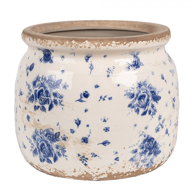 Doplňky a dekorace - Keramický květináč béžovo modrý s motivem růže Blauw M – 16 x 13 cm