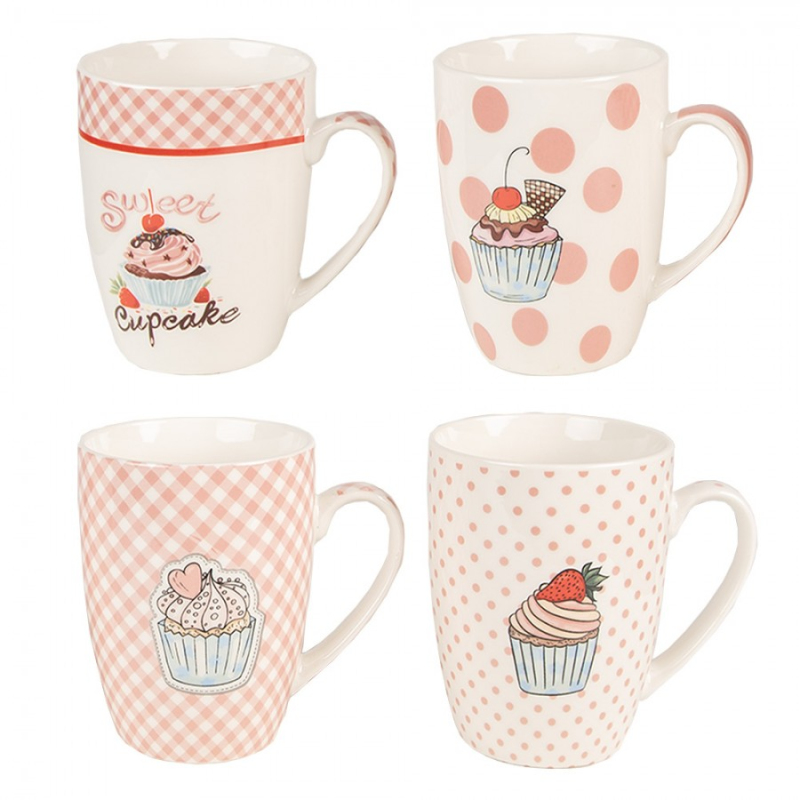 Kuchyně - Set 4 bílo-růžových porcelánových hrnků s motivem dortíku Cupcake – 300 ml
