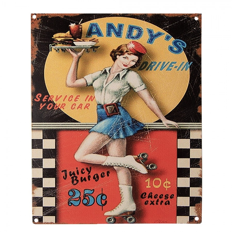 Doplňky a dekorace - Červená nástěnná kovová cedule Andy´s drive-in – 20x25 cm