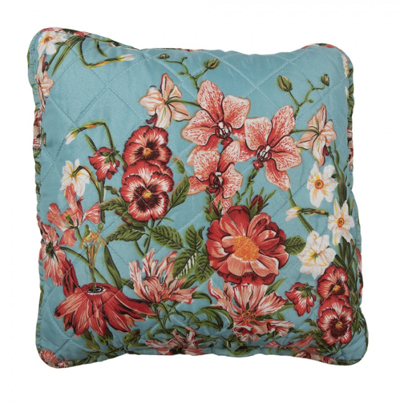 Textil - Modrý povlak na polštář s květinovým motivem a prošíváním – 40x40 cm