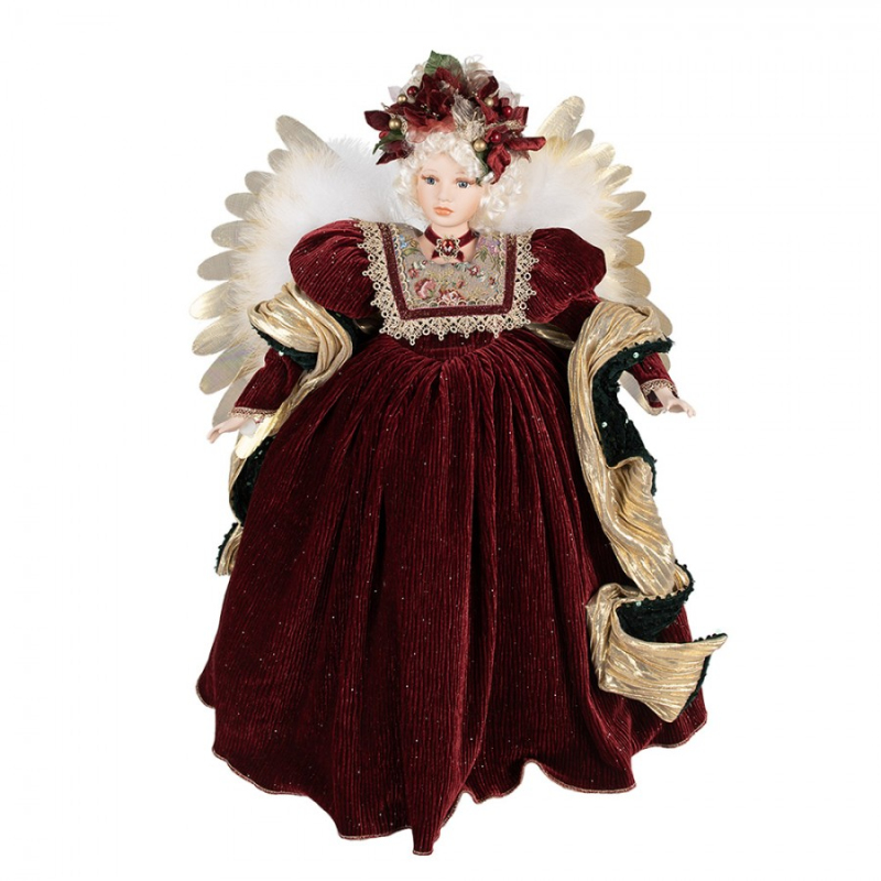 Doplňky a dekorace - Hrací vánoční dekorace s LED světlem anděl v červených šatech s okrasnou zlatou šálou – 65 cm