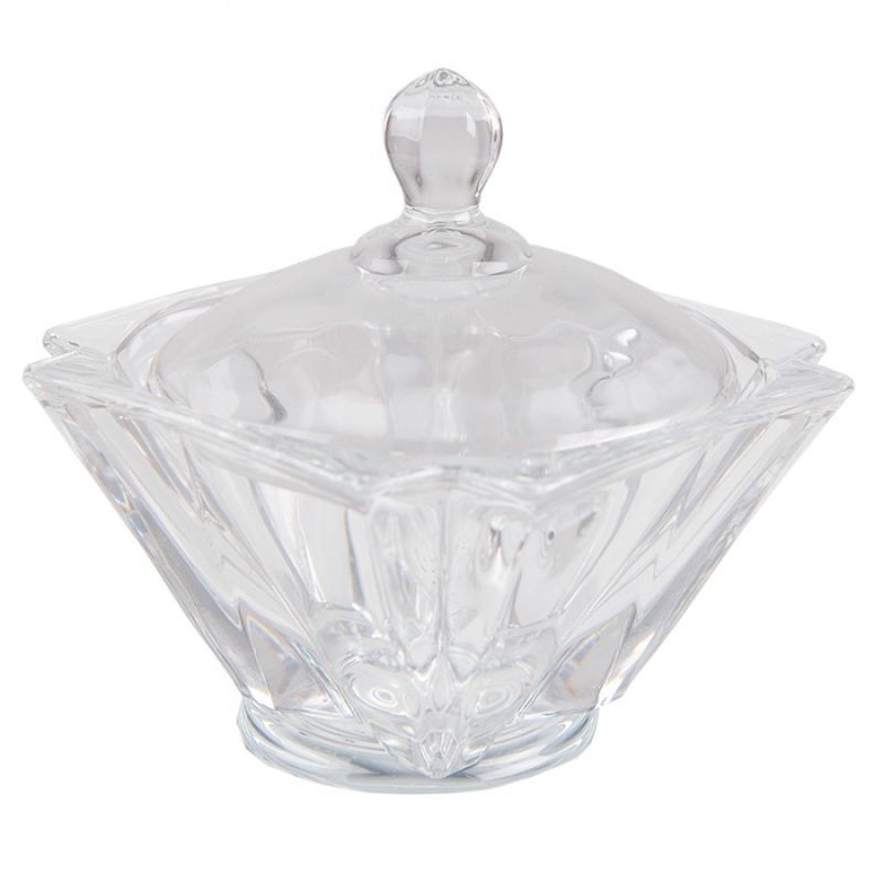 Kuchyně - Transparentní hranatá skleněná nádoba na bonbony s víkem s broušeným povrchem – 11x11 cm