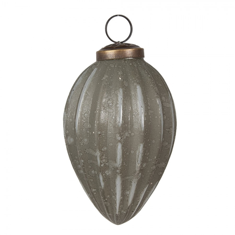 Doplňky a dekorace - Šedá skleněná vánoční cetka ve tvaru obrácené kapky s proužky Parnella – 7x11 cm