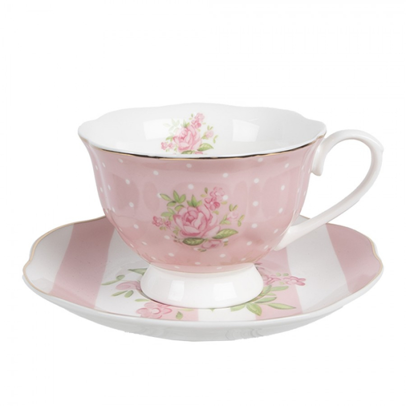 Kuchyně - Růžový puntíkatý porcelánový šálek s podšálkem se vzorem růžiček Sweet Roses – 200 ml