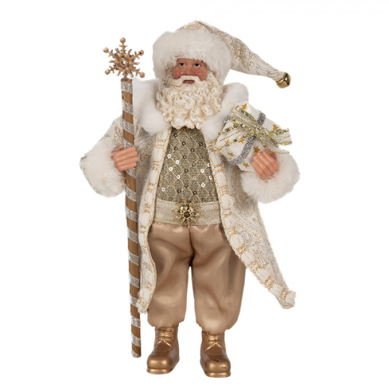 Doplňky a dekorace - Vánoční postavička Santa Claus ve zlatém plášti s holí – 27 cm