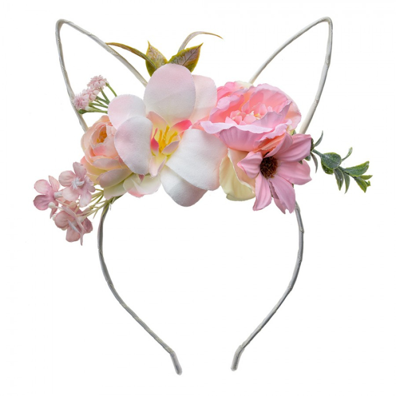 Móda a bižuterie - Ozdobná bílá čelenka s kočičíma ušima a květy Doe II