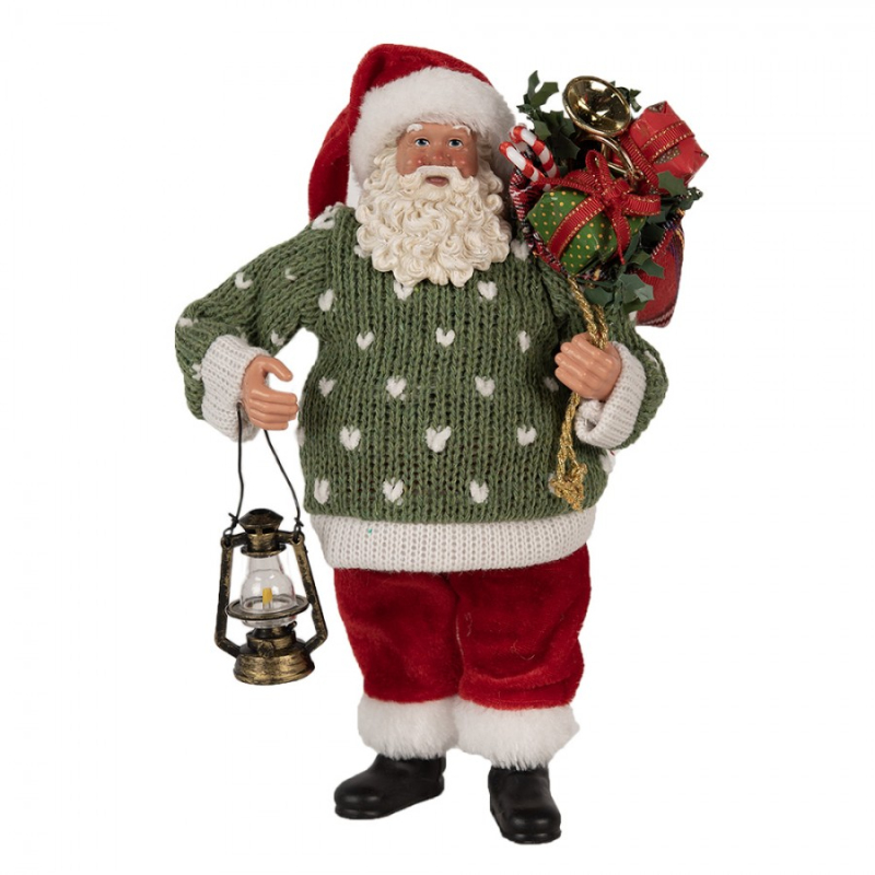 Doplňky a dekorace - Vánoční postavička Santa Claus s lucernou v zeleném svetru – 27 cm