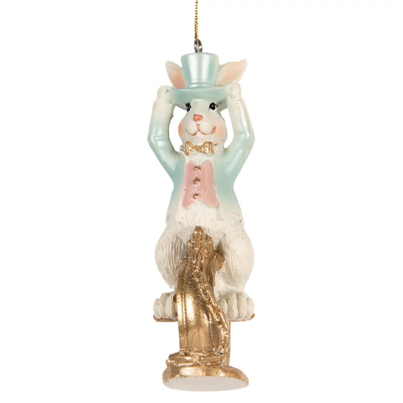 Doplňky a dekorace - Velikonoční závěsná ozdoba bílý zajíček v modrém fraku s kloboukem Wonderland – 4x4x10 cm