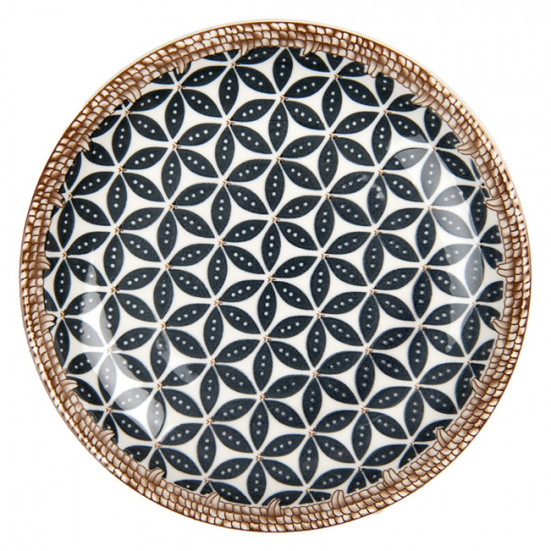 Kuchyně - Černo-bílý snídaňový talíř s mozaikou a hnědým okrajem Sjoerd – 21x3 cm