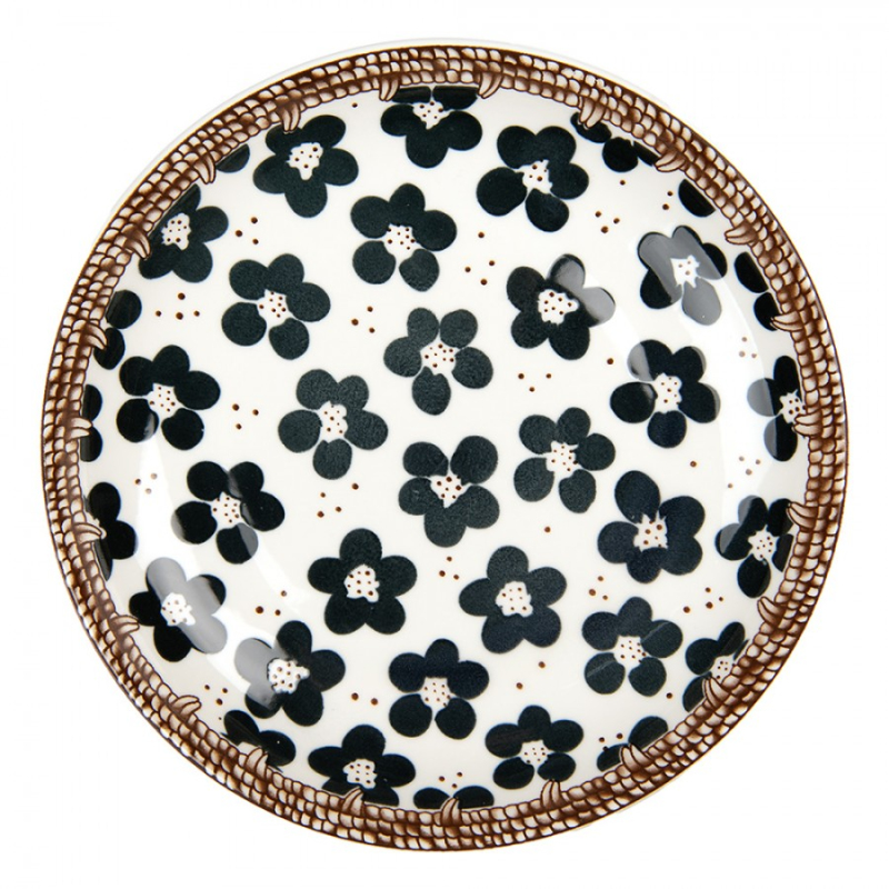 Kuchyně - Černo-bílý snídaňový talíř s kytičkami a hnědým okrajem Adam – 21x3 cm