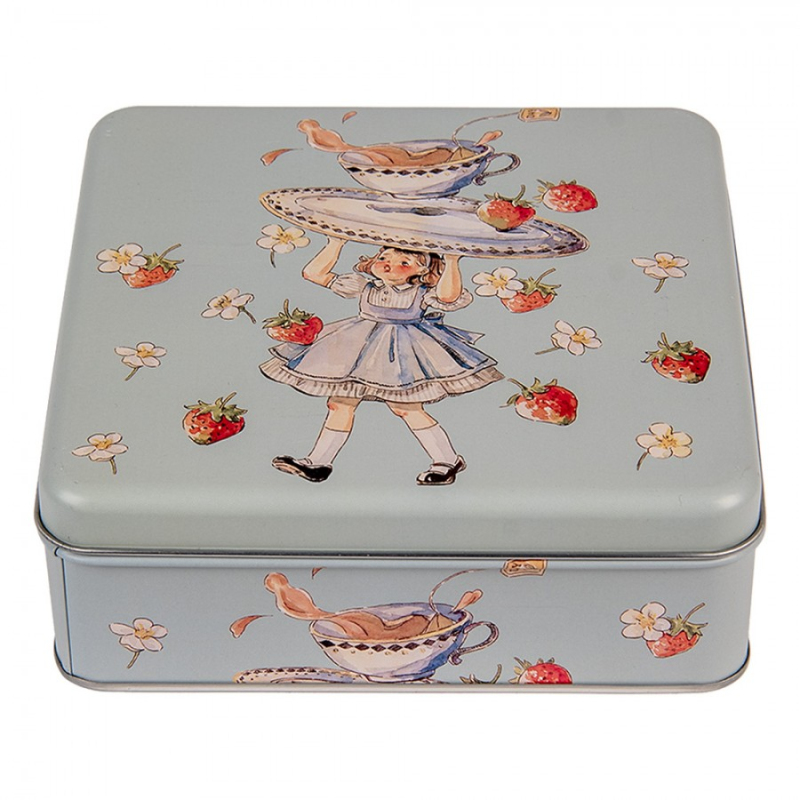 Doplňky a dekorace - Modrá kovová krabička s panenkou a čajovým šálkem – 17x17x6 cm