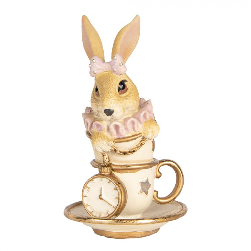 Doplňky a dekorace - Dekorace zaječice s růžovým límcem schovaná v šálku Wonderland – 8x8x14 cm