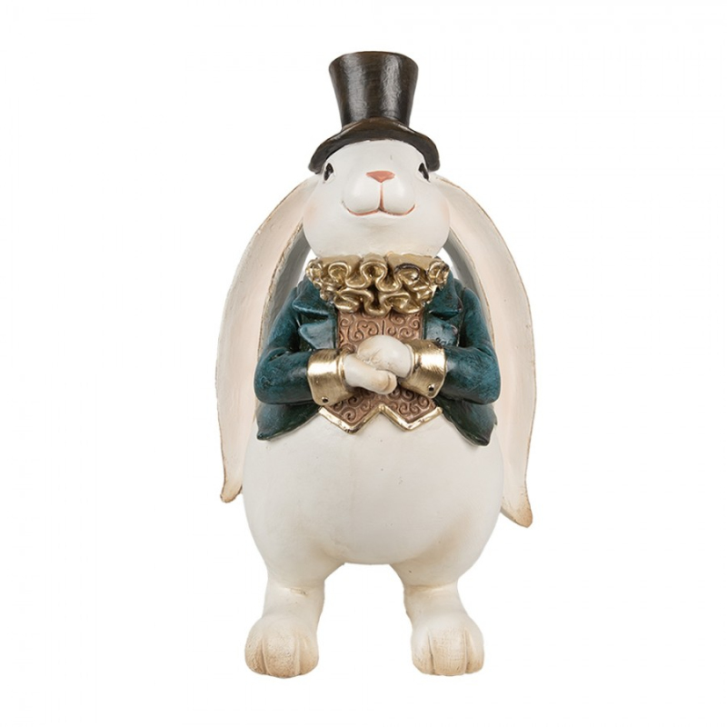 Doplňky a dekorace - Dekorace roztomilý bílý králík v tyrkysovém fráčku s kloboukem – 14x13x23 cm