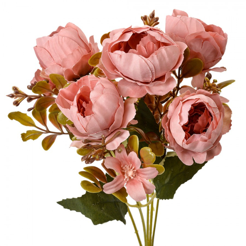 Doplňky a dekorace - Umělá rostlina trs růžových pivoňěk s lístky – 34 cm