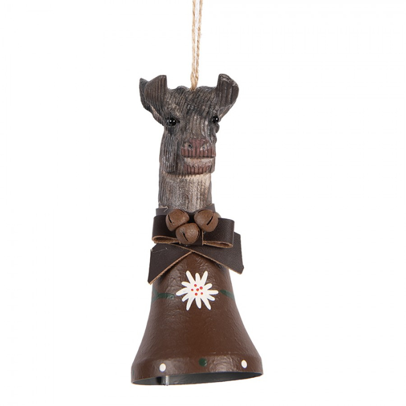Doplňky a dekorace - Závěsná dřevěná dekorace kráva se zvonem s alpským motivem – 7x8x15 cm