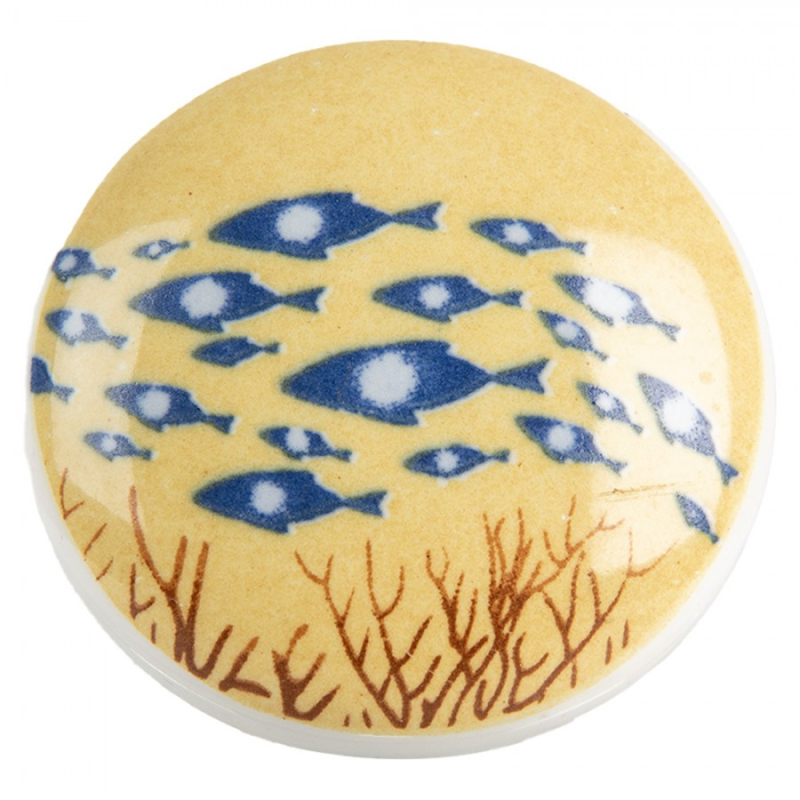 Doplňky a dekorace - Žlutá keramická úchytka s rybičkami Meint – 4x2 cm