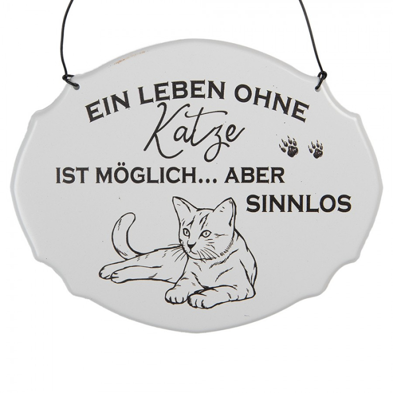 Doplňky a dekorace - Bílá závěsná kovová cedule Katze 18x15 cm