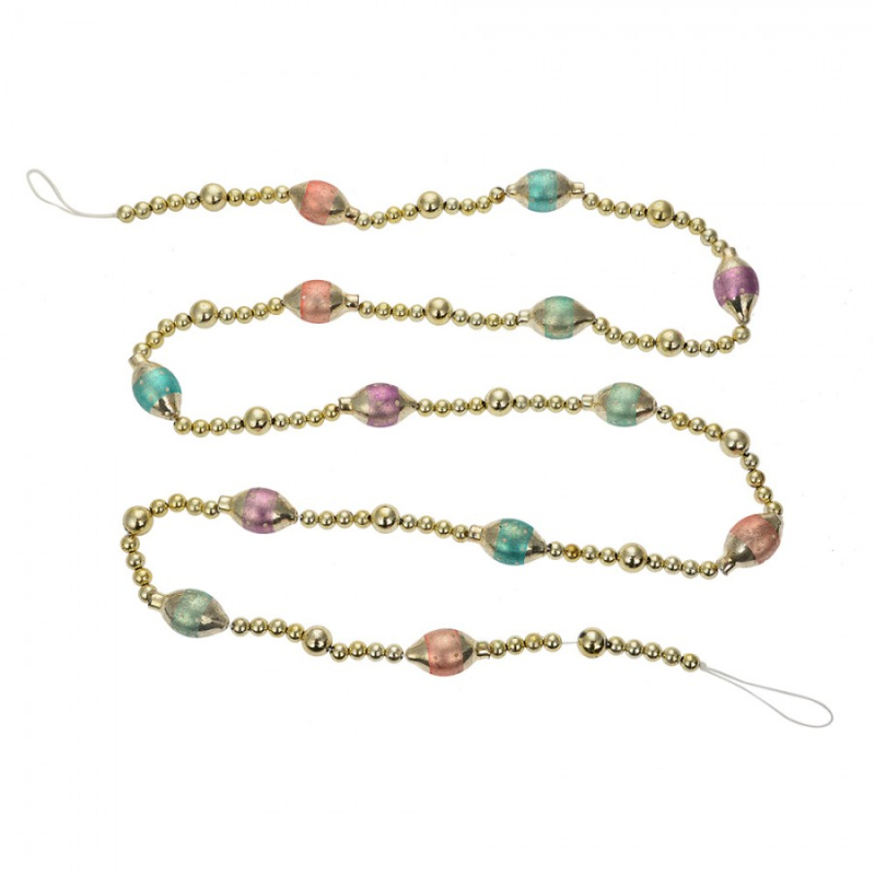 Doplňky a dekorace - Zlatý vánoční řetěz s pastelovými skleněnými ozdobami 2 ks – 2x180 cm