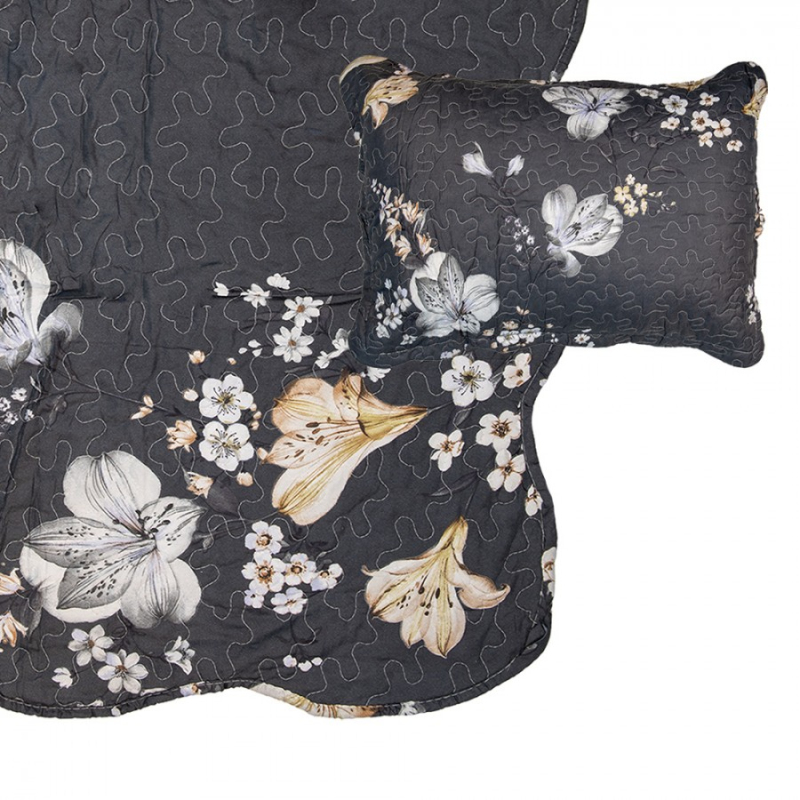 Textil - Tmavě šedý prošívaný přehoz s květy na jednolůžko s povlakem na polštář Annemarieke – 180x250 cm