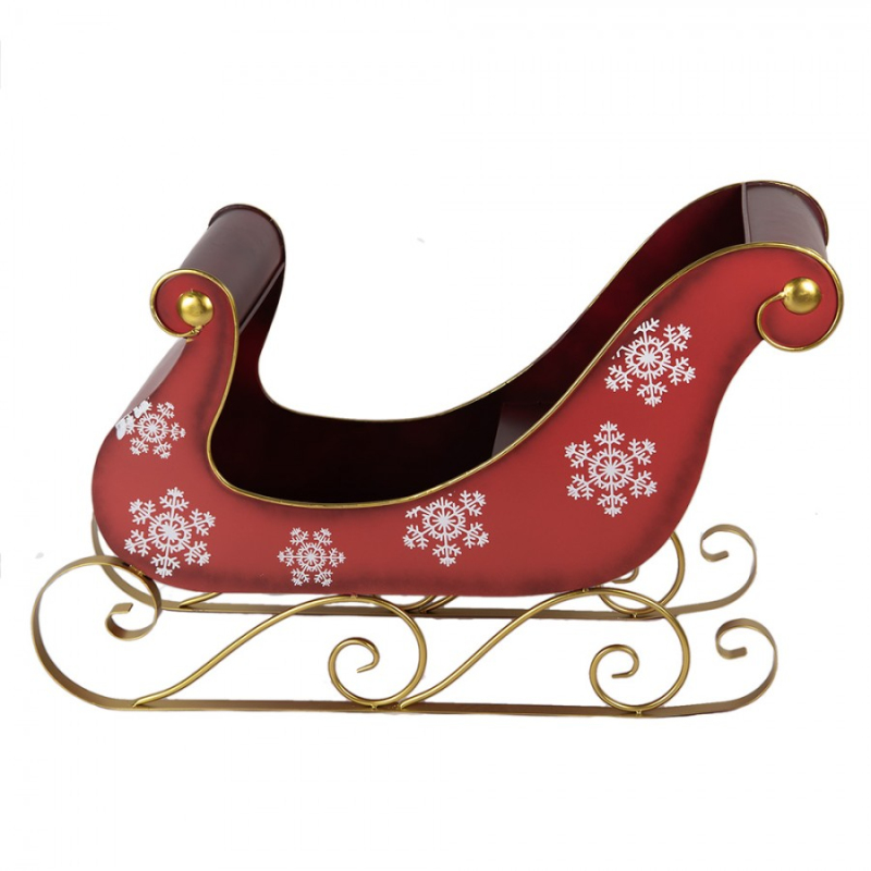 Doplňky a dekorace - Velká kovová vánoční dekorace červené sáně s potiskem vloček s místem na sezení / lavičkou – 210x140x150 cm
