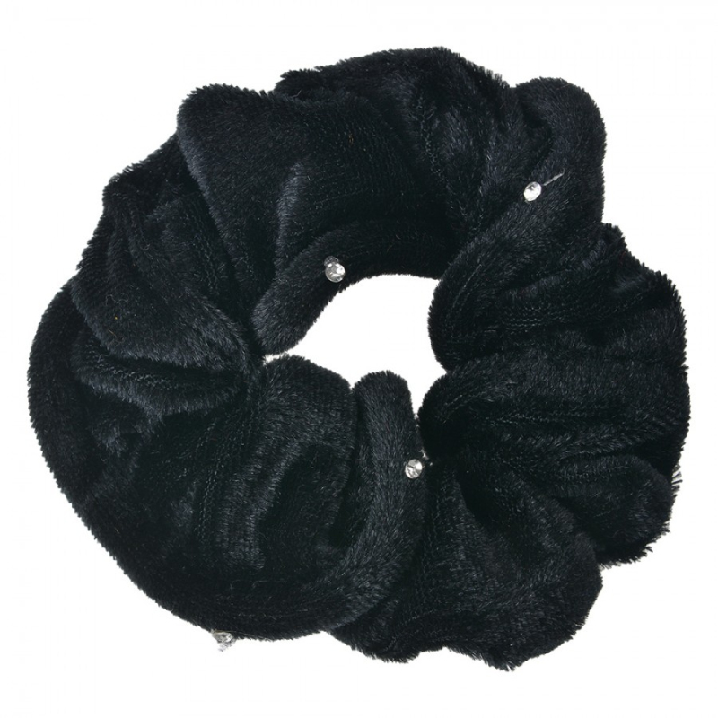 Móda a bižuterie - Černá sametová gumička do vlasů / scrunchie s perličkami – 10 cm