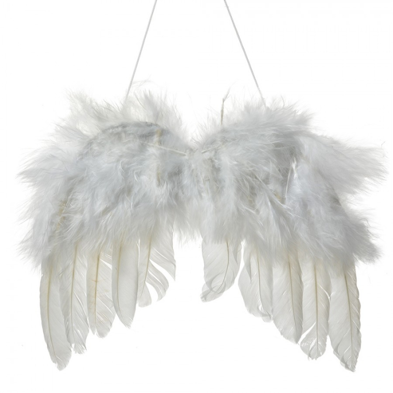 Doplňky a dekorace - Vánoční závěsná ozdoba bílá andělská křídla s peříčky – 20x17 cm