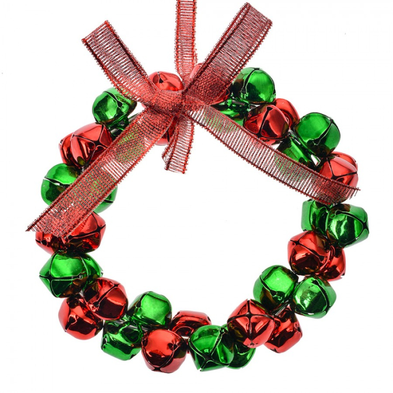 Doplňky a dekorace - Vánoční závěsná ozdoba zeleno-červený věneček z rolniček – 11 cm