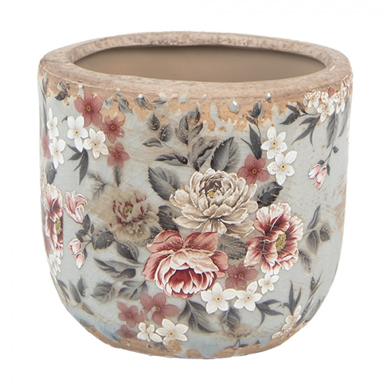 Doplňky a dekorace - Keramický květináč s šedou glazurou a květy Masselin M – 14x13 cm