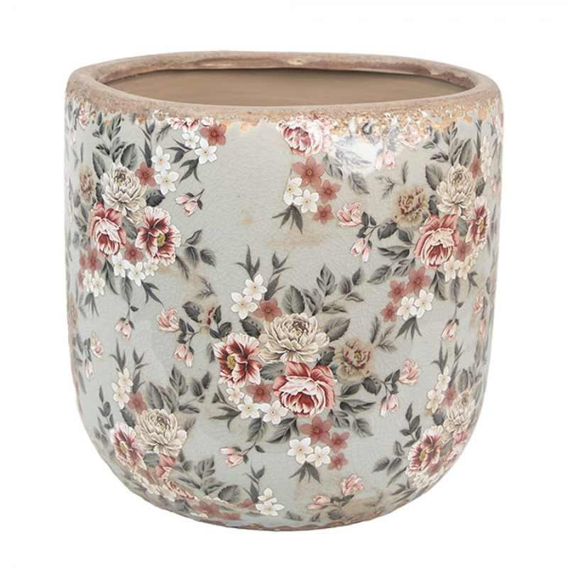 Doplňky a dekorace - Keramický květináč s šedou glazurou a květy Masselin XL – 19x18 cm