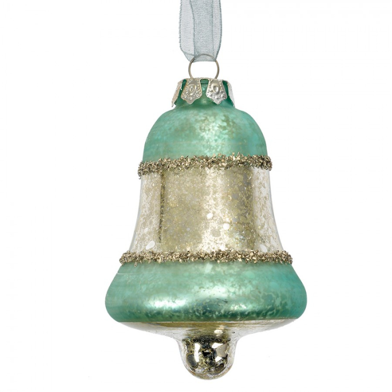 Doplňky a dekorace - Vánoční skleněná ozdoba tyrkysový zvoneček s pruhem – 5x9 cm