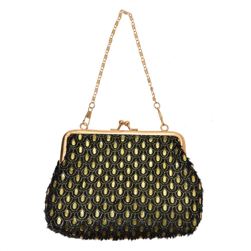 Móda a bižuterie - Černo-zlatá taštička na řetízku s kapkami Pietjul – 15x10 cm