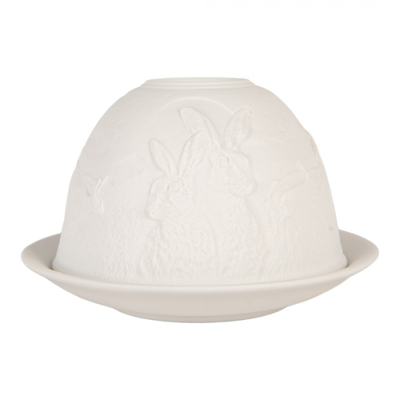 Doplňky a dekorace - Bílý porcelánový svícen na čajovou svíčku se zajíčky – 12x8 cm