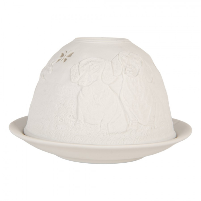 Doplňky a dekorace - Bílý porcelánový svícen na čajovou svíčku s loveckými psy v trávě – 12x8 cm