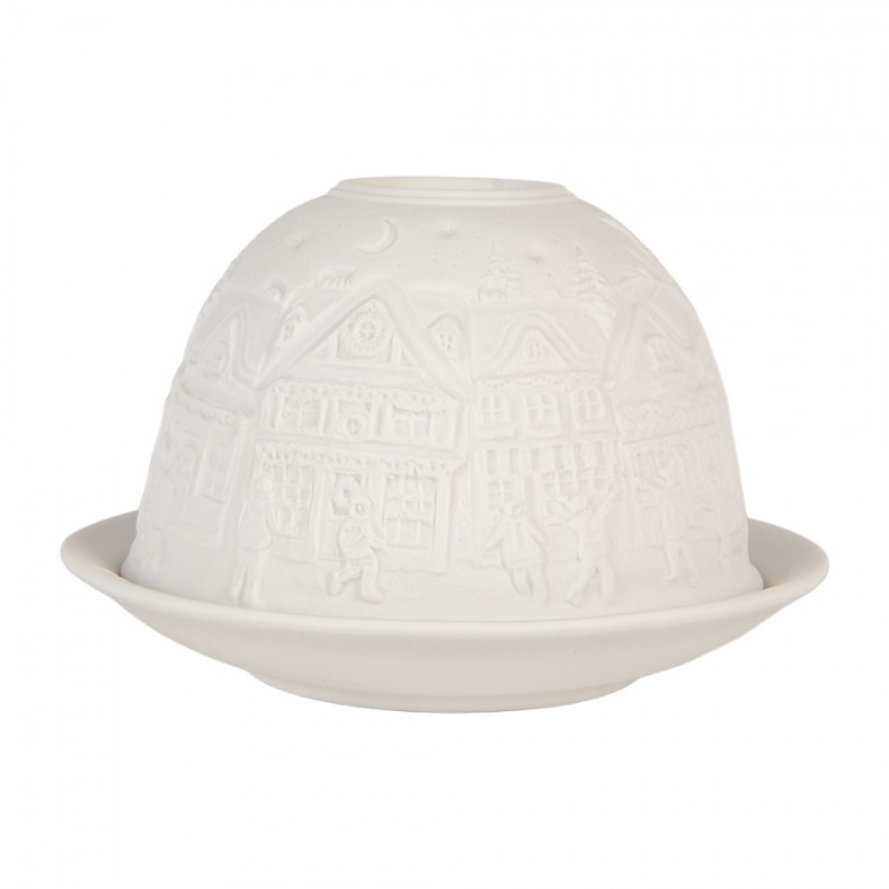 Doplňky a dekorace - Bílý porcelánový svícen na čajovou svíčku s vánočním tradičním městečkem – 12x8 cm