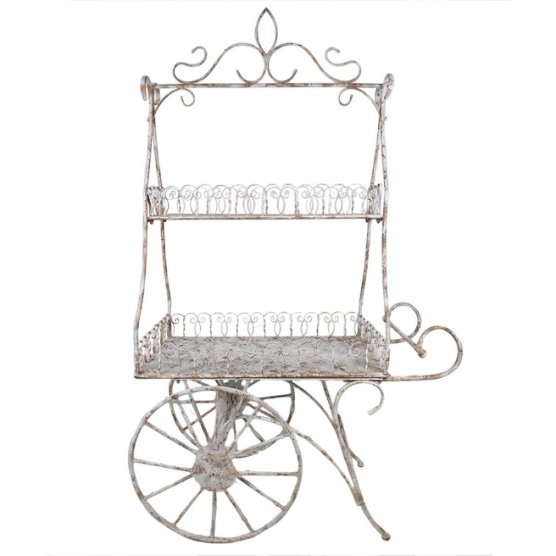 Zahrada a zvířata - Velký bílý stojan na květiny ve stylu vintage vozíku s patinou – 131x79x220 cm