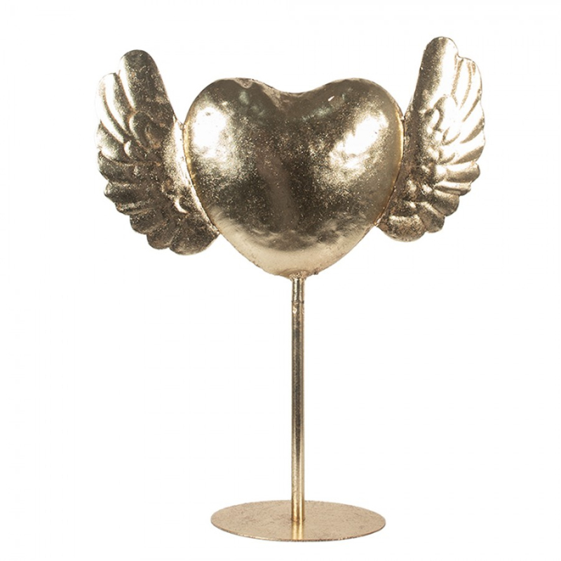 Doplňky a dekorace - Zlatá kovová dekorace okřídlené srdce na podstavci – 38x11x47 cm