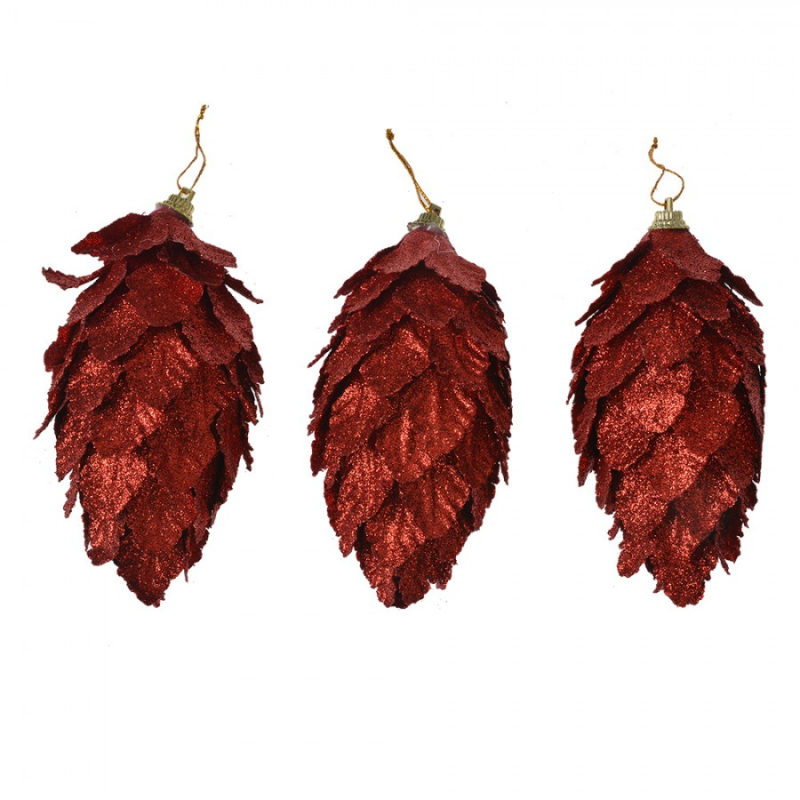 Doplňky a dekorace - Červená vánoční ozdoba šiška s lístky Ewoud (sada 3 ks) – 7x13 cm