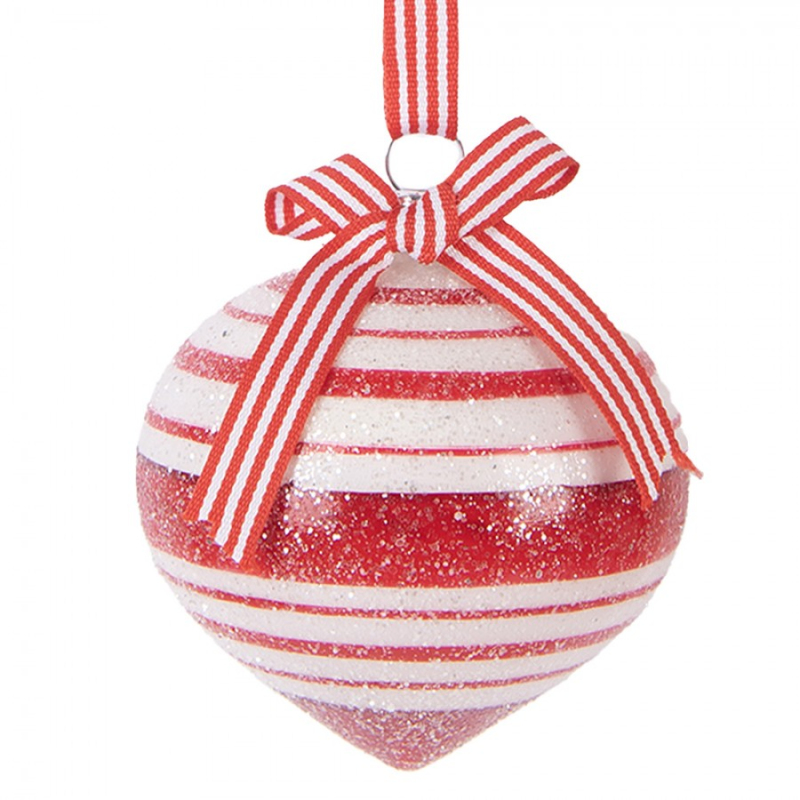 Doplňky a dekorace - Červeno-bílá skleněná vánoční ozdoba pruhovaná s ozdobnou mašlí I – 8x8 cm
