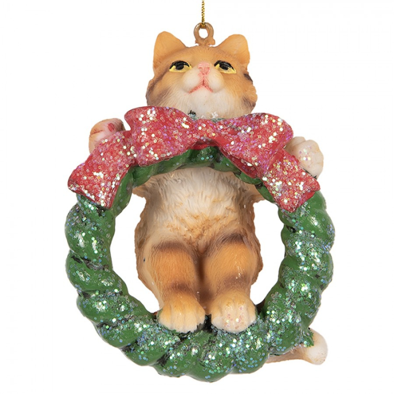 Doplňky a dekorace - Béžová vánoční ozdoba kočička s věncem II – 9 cm