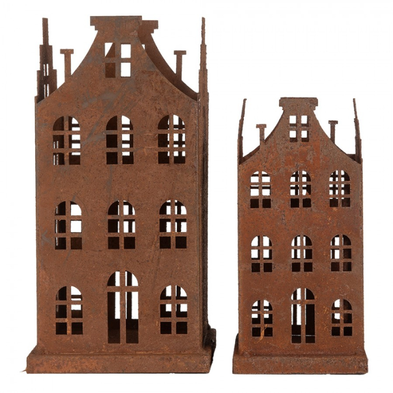 Doplňky a dekorace - Dekorativní set dvou hnědých kovových domečků – 14x14x27 / 11x11x23 cm