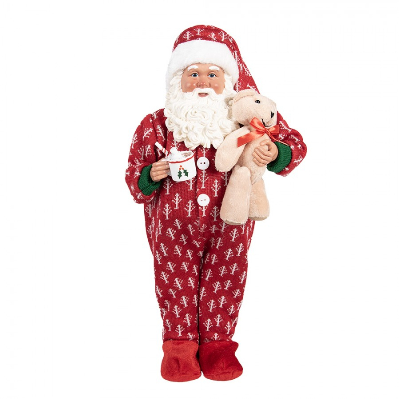 Doplňky a dekorace - Vánoční figurka Santa Claus v pyžamu s plyšovým medvídkem – 22x19x45 cm