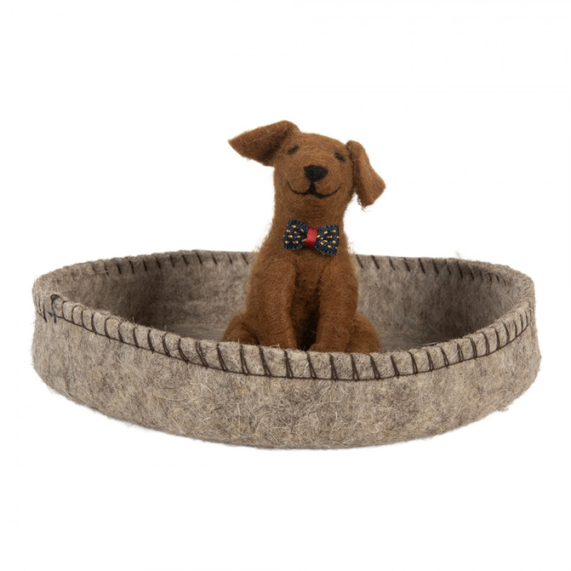 Doplňky a dekorace - Dekorativní šedá filcová miska s hnědým psem s motýlkem – 19x10 cm