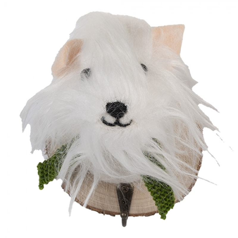 Doplňky a dekorace - Dřevěný háček s chlupatým bílým pejskem – 11x15x14 cm