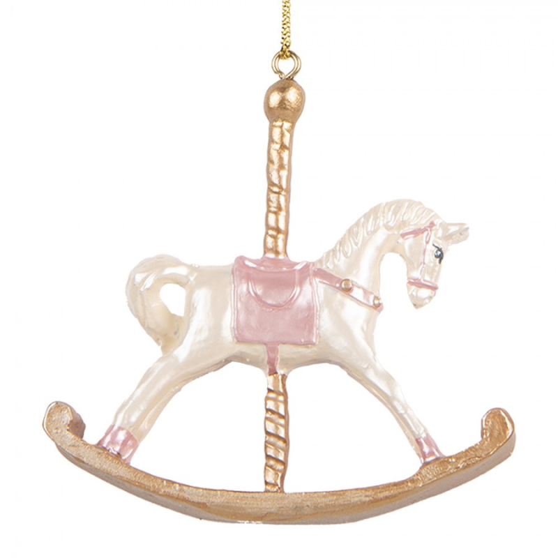 Doplňky a dekorace - Závěsná vánoční ozdoba houpací koník s růžovým sedlem – 8x2x7 cm