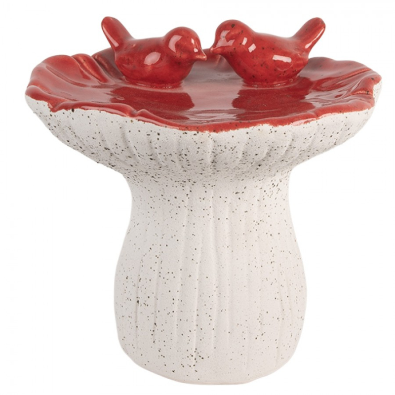 Doplňky a dekorace - Cementová dekorace houba s červenou glazurou a dvěma ptáčky M – 19x18 cm