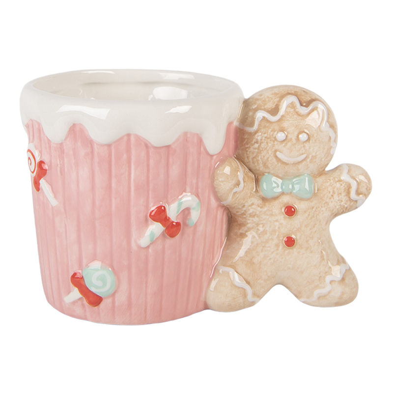 Kuchyně - Růžový vánoční hrneček s uchem ve tvaru pana Perníčka – 15x10x10 cm