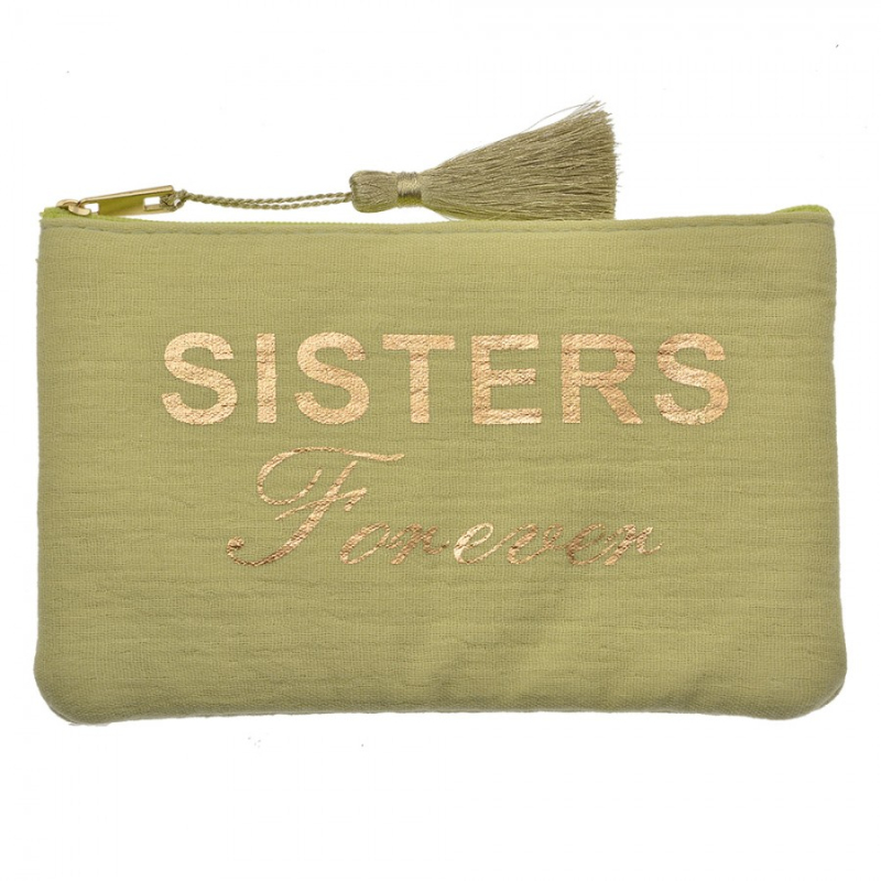 Móda a bižuterie - Zelená kosmetická taštička se střapcem a nápisem Sisters forever – 17x11 cm