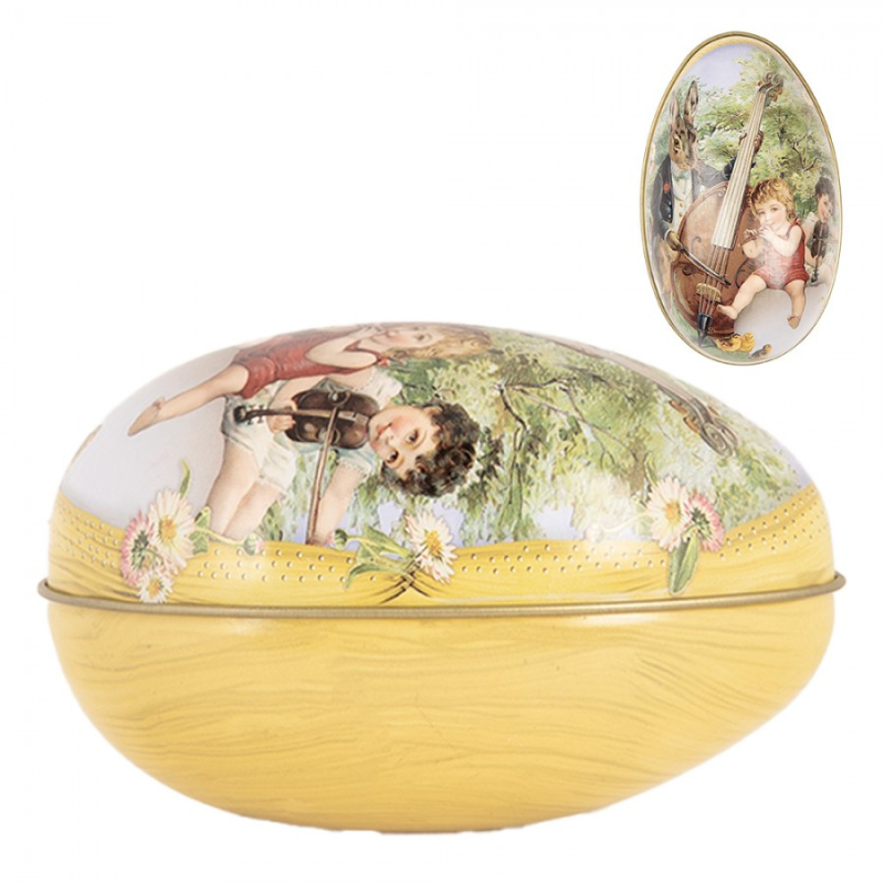 Doplňky a dekorace - Velikonoční kovová dekorace žluté vajíčko se zajíčkem hudebníkem – 7x11x7 cm