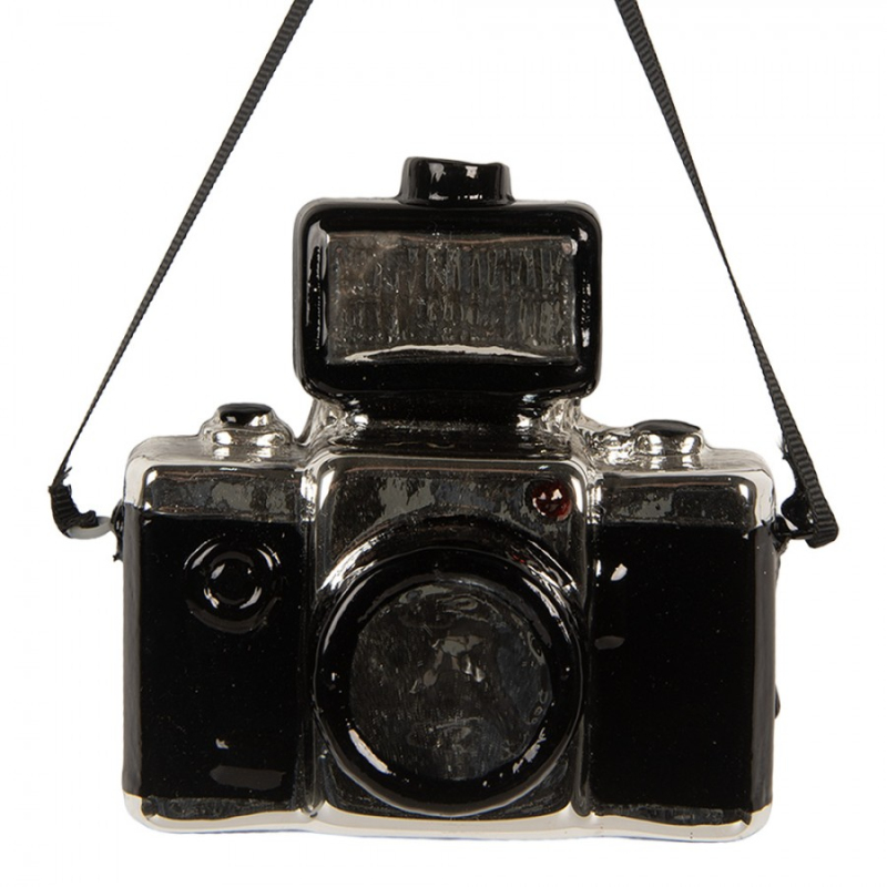 Doplňky a dekorace - Černá skleněná vánoční ozdoba fotoaparát – 9x5x9 cm